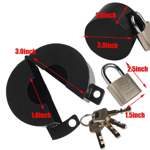 Built Tough Door Knob Lockout Cover Keeps Spaces Locked Down With Zero Drama Blocks Knob Turning And Key Access Perfect For Travel Hotels Or Outdoor Faucets, showing a black lockout cover with dimensions.