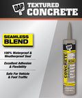 Textured Concrete Premium Elastomeric Filler And Sealant For Crack Repair In Interior And Exterior Concrete And Masonry, Waterproof And Weatherproof, Ready To Use, Gray, 10.1 Oz tube shown with product benefits.