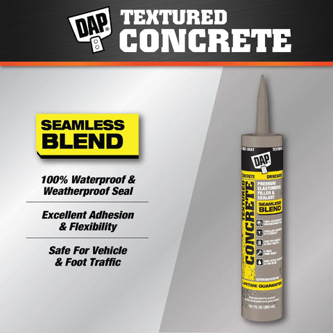Textured Concrete Premium Elastomeric Filler And Sealant For Crack Repair In Interior And Exterior Concrete And Masonry, Waterproof And Weatherproof, Ready To Use, Gray, 10.1 Oz tube shown with product benefits.