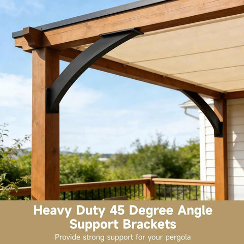 Rock Solid Steel 45 Degree Angle Bracket For Pergola Patio Deck And Porch Inside Mount Corner Connector Rust Resistant Heavy Duty Diagonal Brace Built Tough mounted on wooden frame.