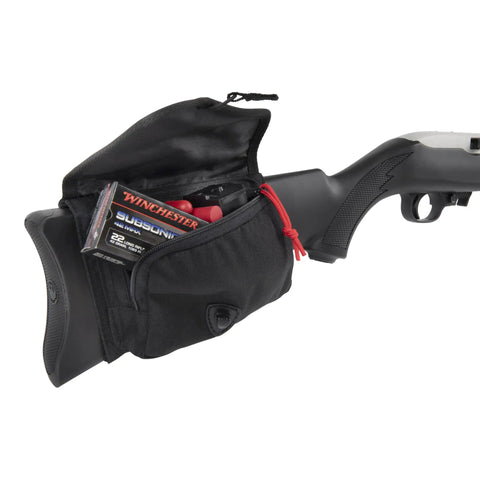 10/22 Buttstock Pouch for Magazines and Ammo, holds up to 10 round mags, zippered pocket and protective flap on rifle