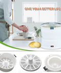Female chef using Fast Electric Potato Peeler And Vegetable Dehydrator With Sharp Blades For No Sweat Kitchen Prep.