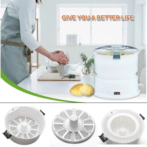Female chef using Fast Electric Potato Peeler And Vegetable Dehydrator With Sharp Blades For No Sweat Kitchen Prep.