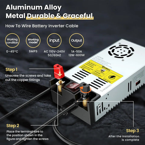 110V AC To 12V DC Converter With On Off Switch, step-by-step wiring guide, pure copper terminals, heavy duty 50A 600W power supply