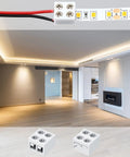 25 Pack 2 Pin 8mm LED Tape Light Connectors With Screwdriver No Solder Needed Wire To Strip Quick Tighten Terminal Blocks For 5V 12V 24V Monochrome Low Voltage LED Strips, shown with LED strip and connectors in a modern room setting.