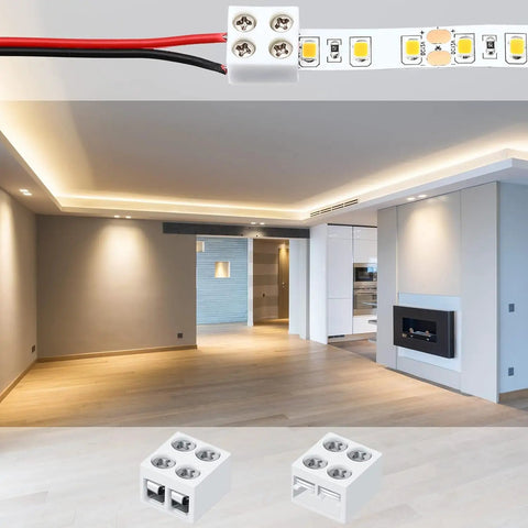 25 Pack 2 Pin 8mm LED Tape Light Connectors With Screwdriver No Solder Needed Wire To Strip Quick Tighten Terminal Blocks For 5V 12V 24V Monochrome Low Voltage LED Strips, shown with LED strip and connectors in a modern room setting.