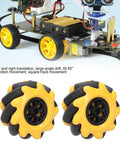 Installed Mecanum wheel robot kit with 60mm yellow omnidirectional wheels on a TT motor chassis and electronics