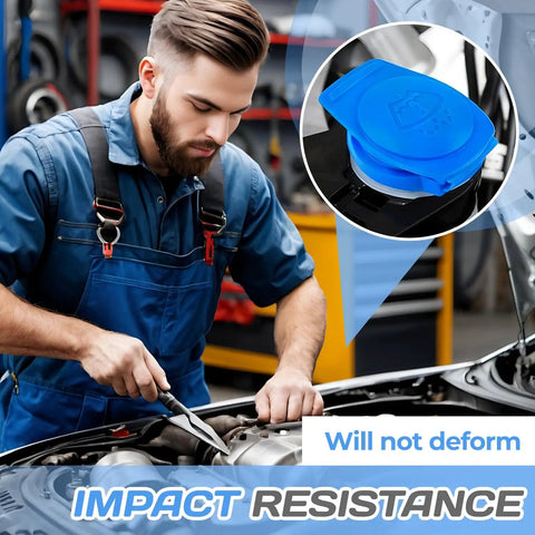 Mechanic showing OEM 3Q0955455 Windshield Washer Fluid Cap installed on a vehicle engine, emphasizes impact resistance, suitable for VW Atlas.