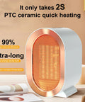 Portable 1200W Ceramic Space Heater For Desk And Home, white heater with orange grill, table setting, fast quiet heating