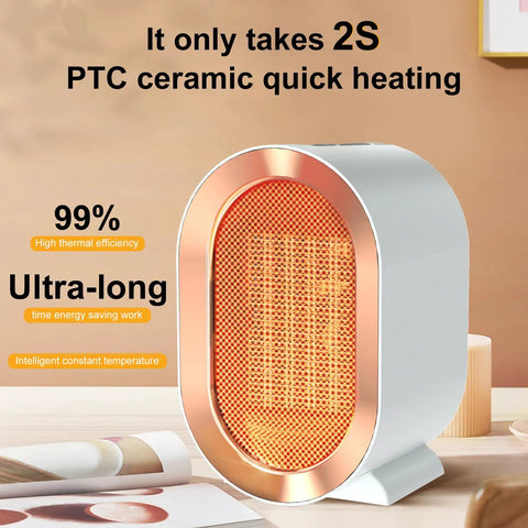 Portable 1200W Ceramic Space Heater For Desk And Home, white heater with orange grill, table setting, fast quiet heating