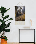 Dope Locomotive Train Wall Tapestry With Tassels Cotton And Linen Hanging Poster displayed in a modern living room