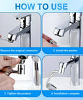 Step-by-step guide for installing Flexible Swivel Faucet Aerator Extension with dual flow modes for easy kitchen use.