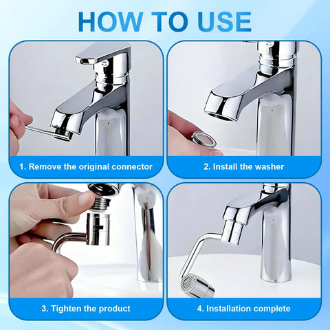 Step-by-step guide for installing Flexible Swivel Faucet Aerator Extension with dual flow modes for easy kitchen use.