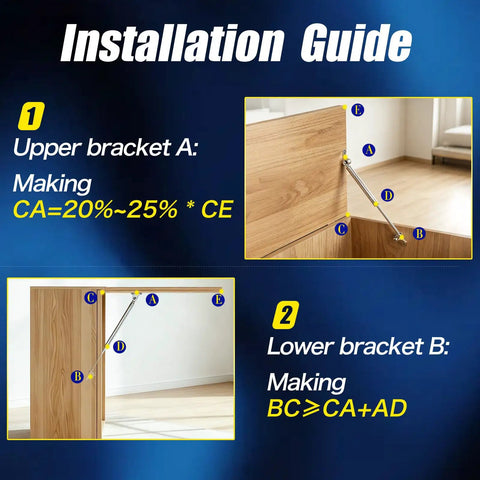 Installation guide for Rock Solid 304 Stainless Steel Gas Struts 15 Inch for boat hatches, showing bracket A and B.