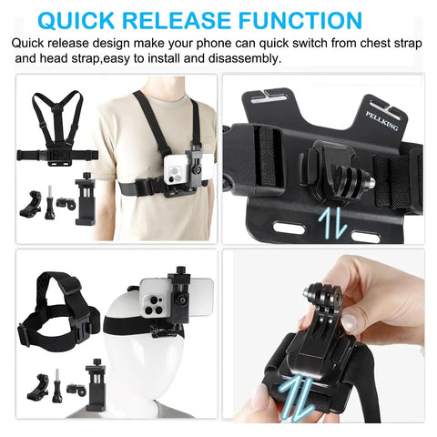 Hands Free POV Filming Kit With Chest Strap Harness Mount And Head Strap Holder For Mobile Phones And Action Cameras Compatible With iPhone Samsung GoPro Hero Series AKASO Osmo Action Great For Vlogging Outdoor Adventures And Stable Shots, shown with quick release function displayed.