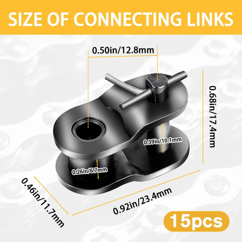 Close-up of a connecting link from the 15 Piece 420 Chain Half Link Set With Offset Crank Links Durable Manganese Steel
