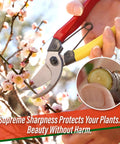 Person using 8 inch bypass pruning shears on flower branch, ergonomic grip, rugged steel blade. Bypass Pruning Shears 8 Inch For Garden Use.