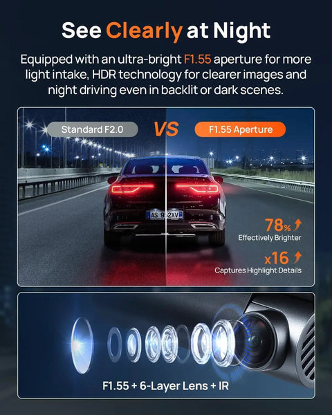 Blazing 4K Front And Rear Dash Cam With Built In WiFi 6 And GPS night vision demonstration at F1.55 aperture.
