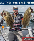 Angler using Non Puncture Bass Fishing Cull Tags Set With Six Color Coded Tags And Buoy Keeper, showing two tagged fish on a boat.