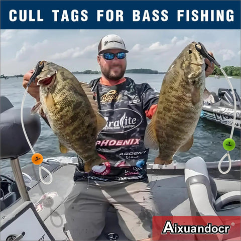 Angler using Non Puncture Bass Fishing Cull Tags Set With Six Color Coded Tags And Buoy Keeper, showing two tagged fish on a boat.