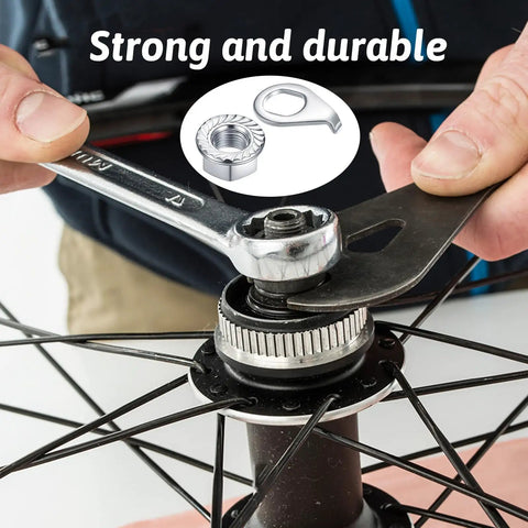 Hands using wrench on 24Pcs Bicycle Axle Nut Kit with Safety Washers for M8 M9.5 M10 hubs on bike wheel.