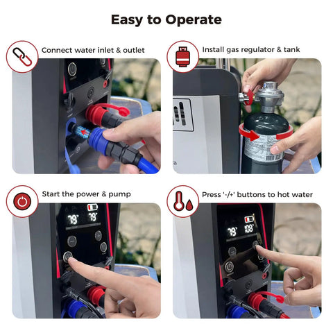 Steps to set up Portable Propane Water Heater with Constant Temperature Control For Camping Showers, Rechargeable Shower Pump