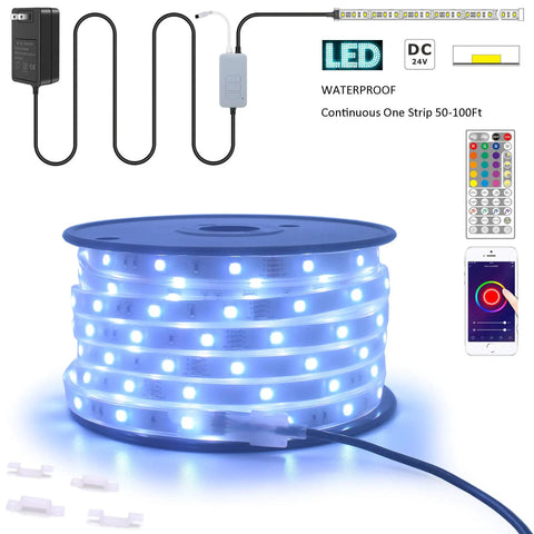70ft Waterproof 24V RGB LED Strip Lights With WiFi App Control And Alexa Voice Music Sync, coiled reel, connectors included