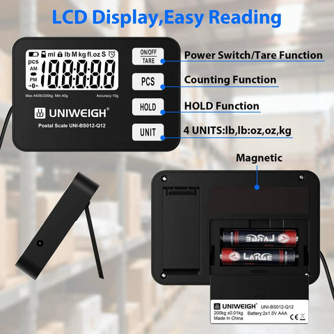 Rock Solid Digital Shipping Scale With Dead On Point 440lb Capacity And Easy Read Display showing LCD and magnetic back.