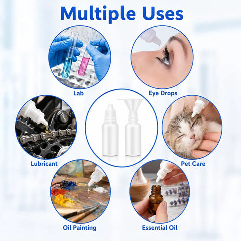 No Sweat Refills With This Five Piece Pack Featuring Four White 15ml Plastic Dropper Bottles Plus One Quick Pour Funnel Designed For Smooth Eye Drops And Portable Travel Ready Storage