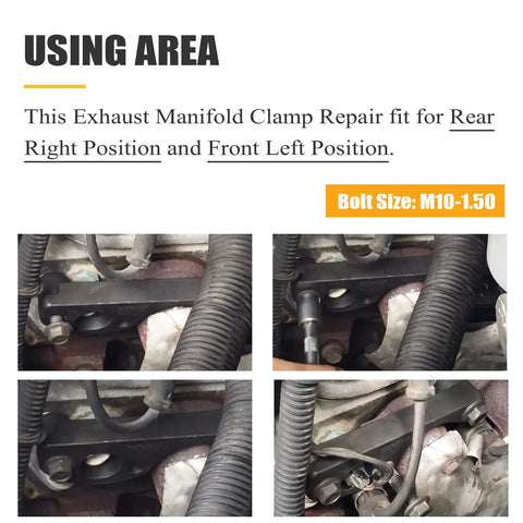 Exhaust Manifold Clamp Bolt Repair Kit For GM Vehicles installed for rear right and front left position showing bolt size M10-1.50