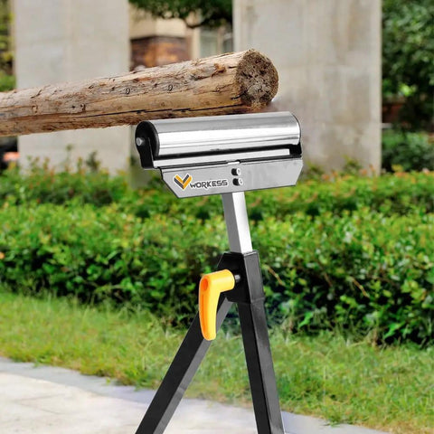 Roller Support Stand Twin Pack With 132 Lb Capacity Each, Heavy Duty Steel Roll Stand handling log outdoors in garden setup.