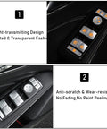 Interior view of Mercedes Benz Window Switch Button Trim Covers Replacement Kit 14 Piece Fits A B C E G GLA CLA GLK ML GLE Class W204 W212 W246 W166 X166 X204 And Tesla Model X S showing light-transmitting design and anti-scratch feature.
