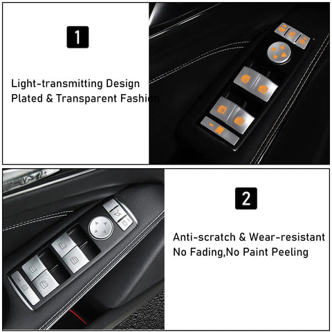 Interior view of Mercedes Benz Window Switch Button Trim Covers Replacement Kit 14 Piece Fits A B C E G GLA CLA GLK ML GLE Class W204 W212 W246 W166 X166 X204 And Tesla Model X S showing light-transmitting design and anti-scratch feature.