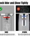 Comparison of odor proof floor drain with backflow preventer and magnetic one way drain valve versus a standard one, showing effectiveness.