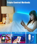Woman using phone to control RGBWW Smart LED Strip Lights 32.8ft Tunable White 3000K to 6500K with WiFi, app, and remote options