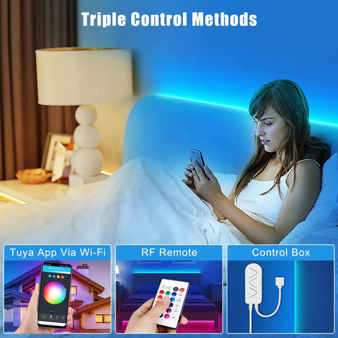Woman using phone to control RGBWW Smart LED Strip Lights 32.8ft Tunable White 3000K to 6500K with WiFi, app, and remote options