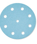 P180 Grit Granat Abrasives Pack Of 100 With Jetstream Design disc, blue, circular, 5-inch with dust removal holes.