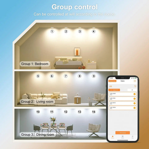 Diagram of Six Inch Bluetooth Dimmable Recessed Ceiling Light With Adjustable CCT 2700K To 5700K in multiple room settings.