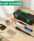 60W LED Display Soldering Iron Kit With Ceramic Heater showing tools like soldering iron, desoldering pump, tips, solder wire, and case