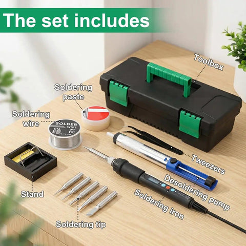 60W LED Display Soldering Iron Kit With Ceramic Heater showing tools like soldering iron, desoldering pump, tips, solder wire, and case