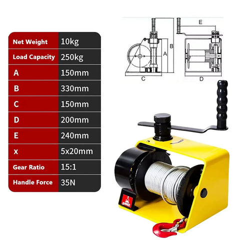 Workhorse Heavy Duty Worm Gear Hand Winch Two Way Self Locking Manual Crank with specifications chart