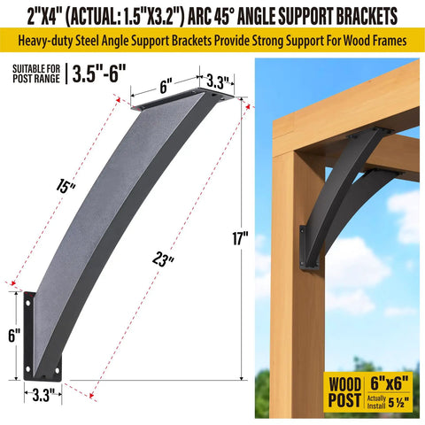 Beefy Heavy Duty Arc 45 Degree Angle Support Brackets Set For Wood Frames, Sturdy Bracing For Gazebos Decks Porches Log Cabins And Pergolas, Actual Size 1.5x3.2 Inches, 8 Pack, Outdoor Powder Coated Black, installed on a wood frame