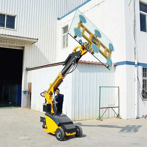 Heavy Duty Industrial Glass Vacuum Lifter Equipped With Mobile Hydraulic Suction Cups For No Sweat Granite Marble And Thick Panel Glass Placement Keeping Site Work Rolling lifting a large glass panel with suction cups.