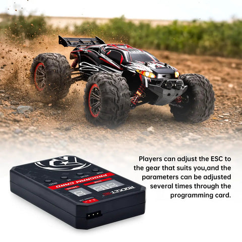 RC Car ESC Programming Card With LED Programmer For 3660 Fusion Brushless Motors next to an RC truck on dirt