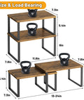 Stackable Kitchen Cabinet Organizer Shelf Set Of Four Rustic Brown Wood Counter Display Featuring Slick Metal Legs Total Pantry Spice Rack Gamechanger For Knockout Dish Mug Cup Storage Layout, showing dimensions and load capacity.