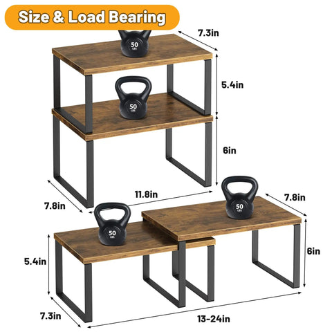 Stackable Kitchen Cabinet Organizer Shelf Set Of Four Rustic Brown Wood Counter Display Featuring Slick Metal Legs Total Pantry Spice Rack Gamechanger For Knockout Dish Mug Cup Storage Layout, showing dimensions and load capacity.