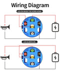 Wiring diagram for 12V Momentary Horn Push Button Switch with Blue LED showing connection for automotive and marine applications.