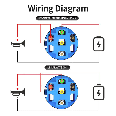Wiring diagram for 12V Momentary Horn Push Button Switch with Blue LED showing connection for automotive and marine applications.