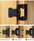 Matte Black Self Closing Cabinet Hinges 32 Pack Soft Close Door Hardware Semi Hidden Steel Build shown in installation steps.