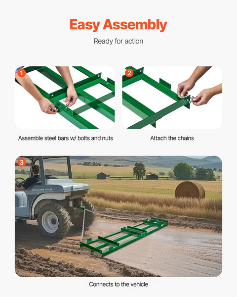 Heavy Duty Tow Behind Drag Harrow For ATV UTV Tractor And Lawn Care, 8 ft wide, assembly process and field use with chains